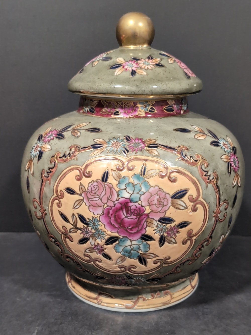 VGT Oriental Accents Sage Green/Pink Floral Ginger Jar.